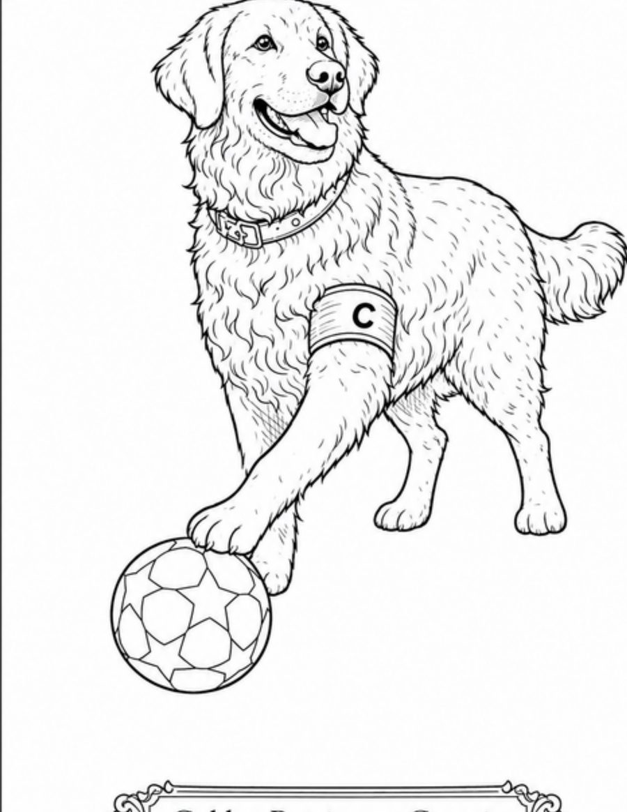 Line drawing of a Golden Retriever wearing a captain&rsquo;s armband with a football